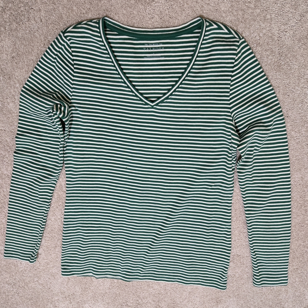 Talbot's Striped Green and White V-Neck Top